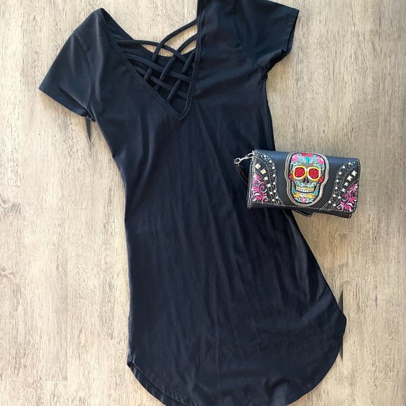 Black Criss Cross Caged Stretch Bodycon Dress - Small - Picture 2 of 2